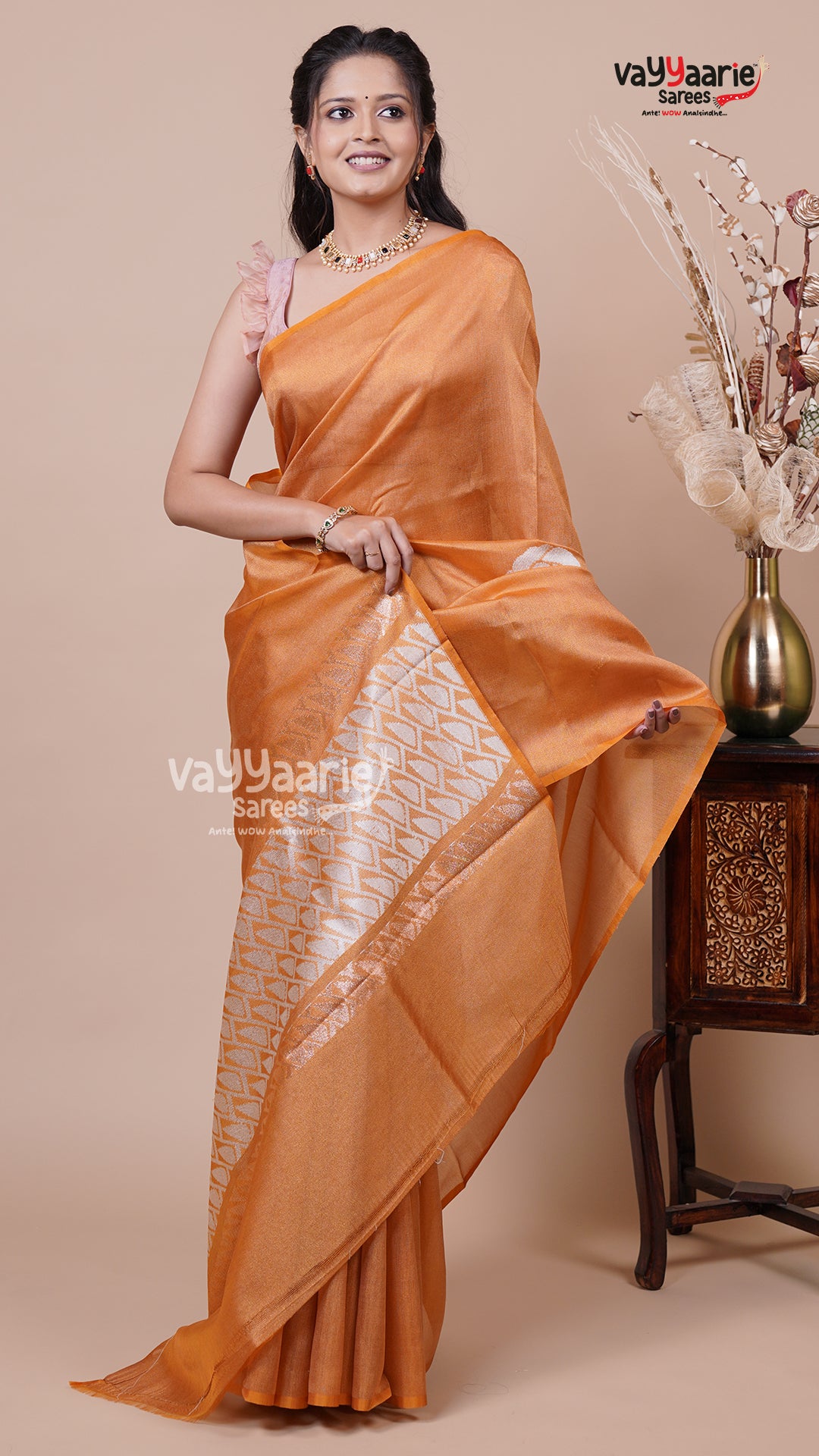 Tissue Saree in Orange for Celebrations