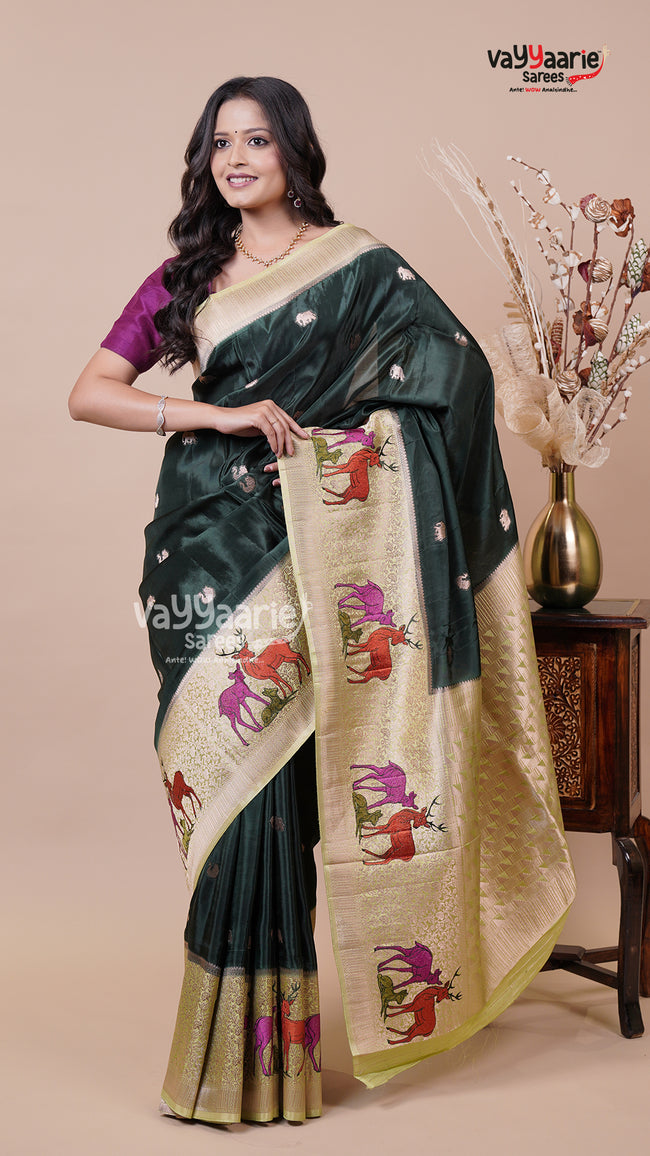 Bottle Green Banaras Mango Fancy Saree for Family Functions Hover Image