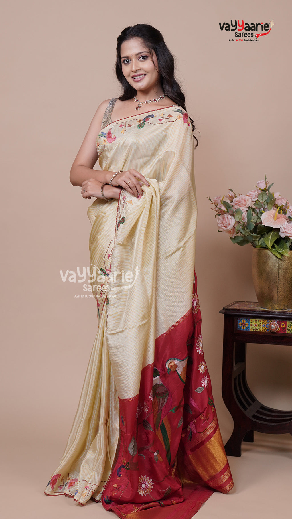 Cream Tissue Fancy Saree for Women