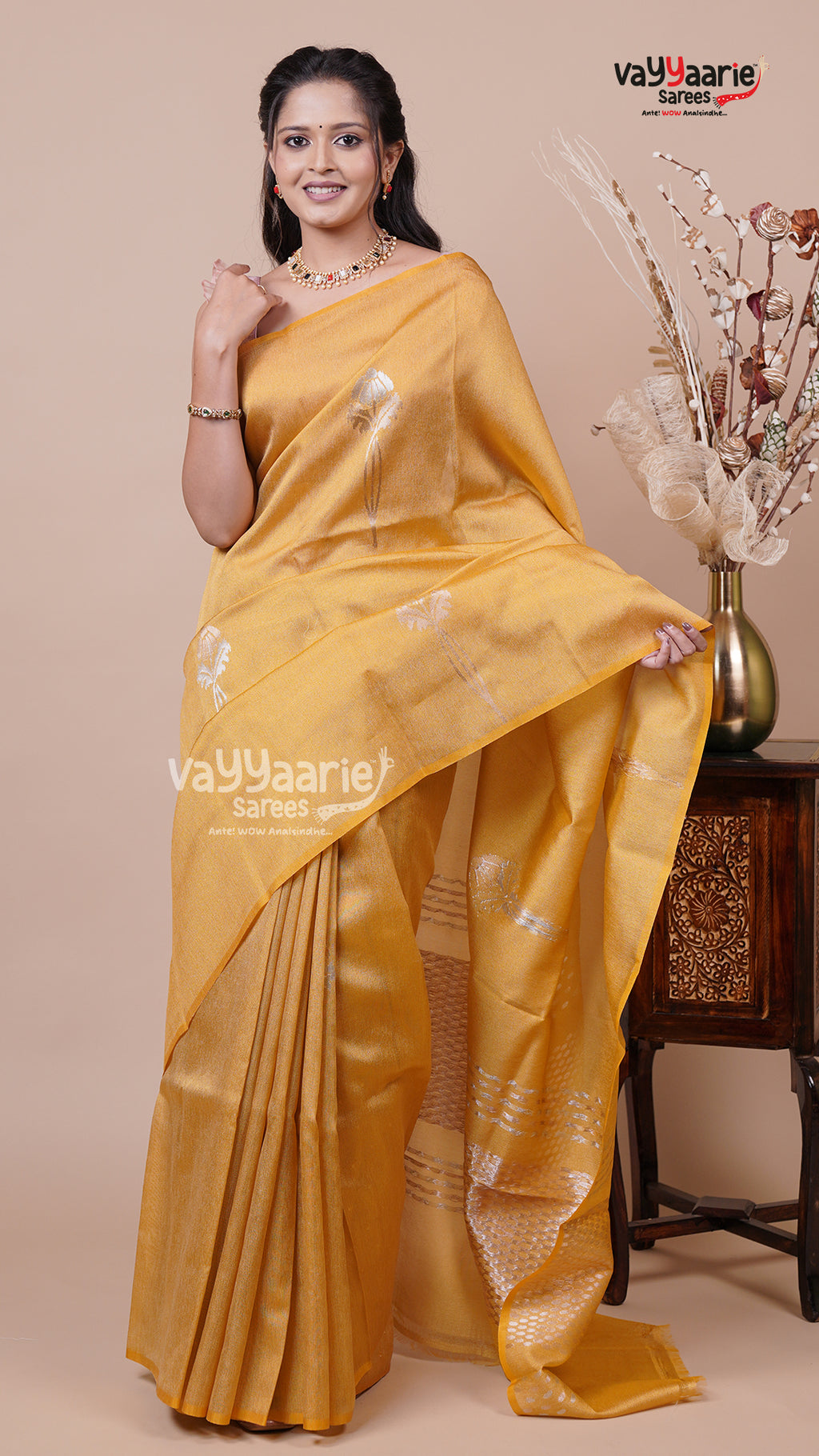 Tissue Saree in Gold for Evening Wear