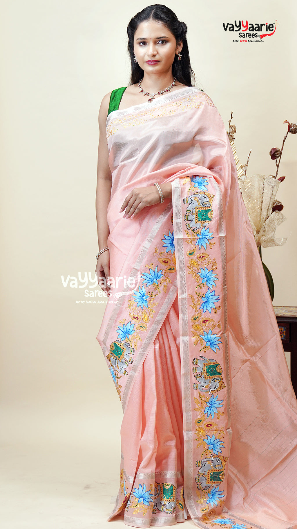 Peach Mangalagiri Fancy Saree for Women
