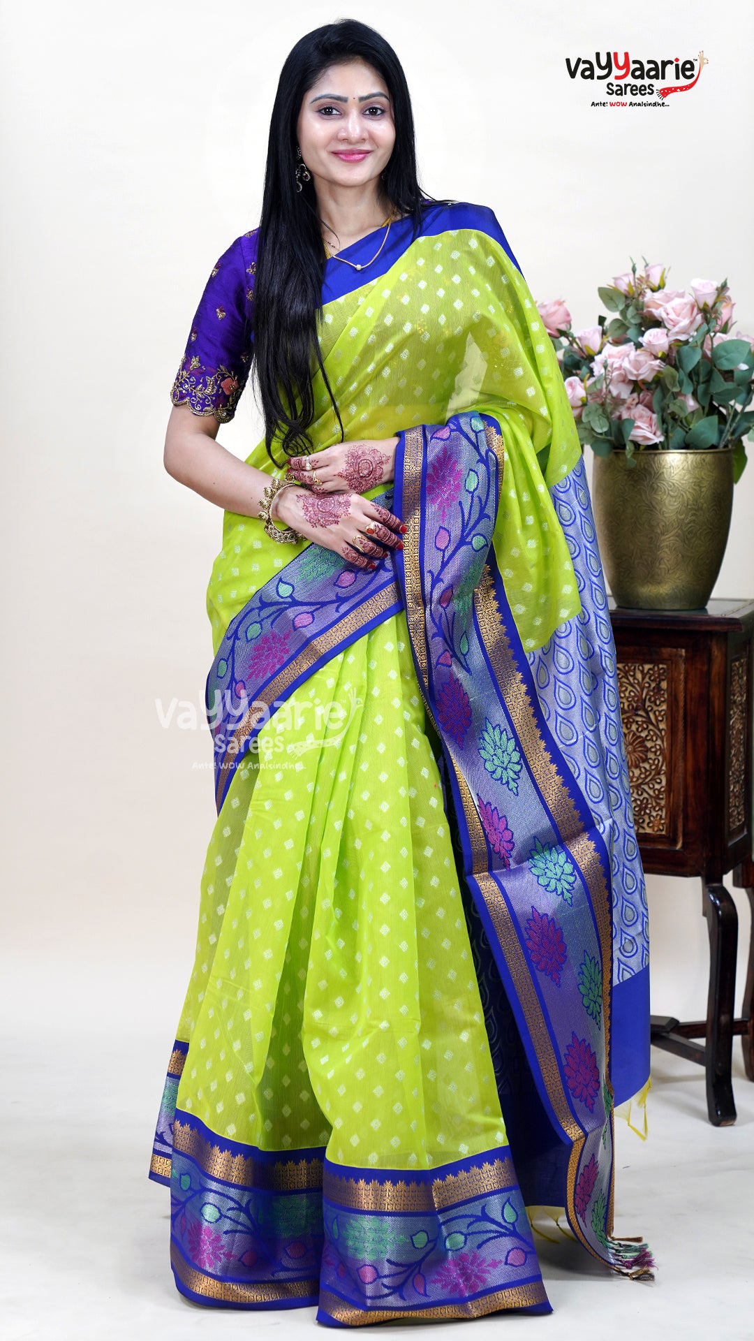 Parrot Green Kuppadam Saree for Festive Wear