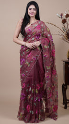 Maroon Tissue Fancy Saree for Reception Wear