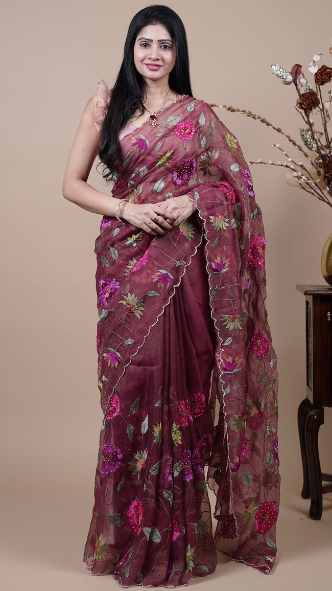 Maroon Tissue Fancy Saree for Reception Wear Hover Image
