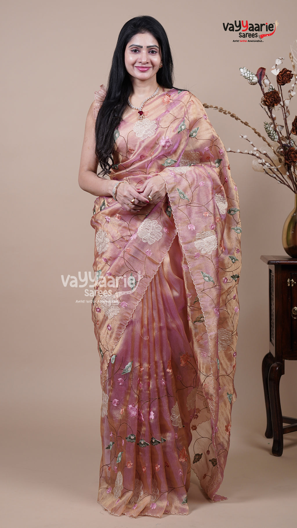 Onion Pink Tissue Fancy Saree for Gifting