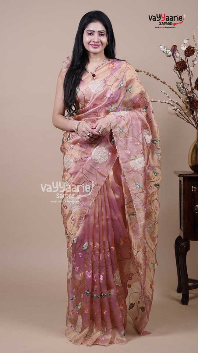 Onion Pink Tissue Fancy Saree for Gifting Hover Image