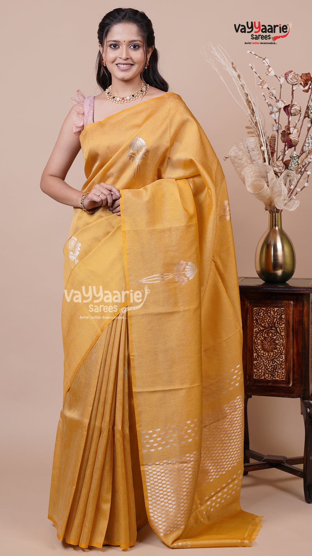 Tissue Saree in Gold for Evening Wear