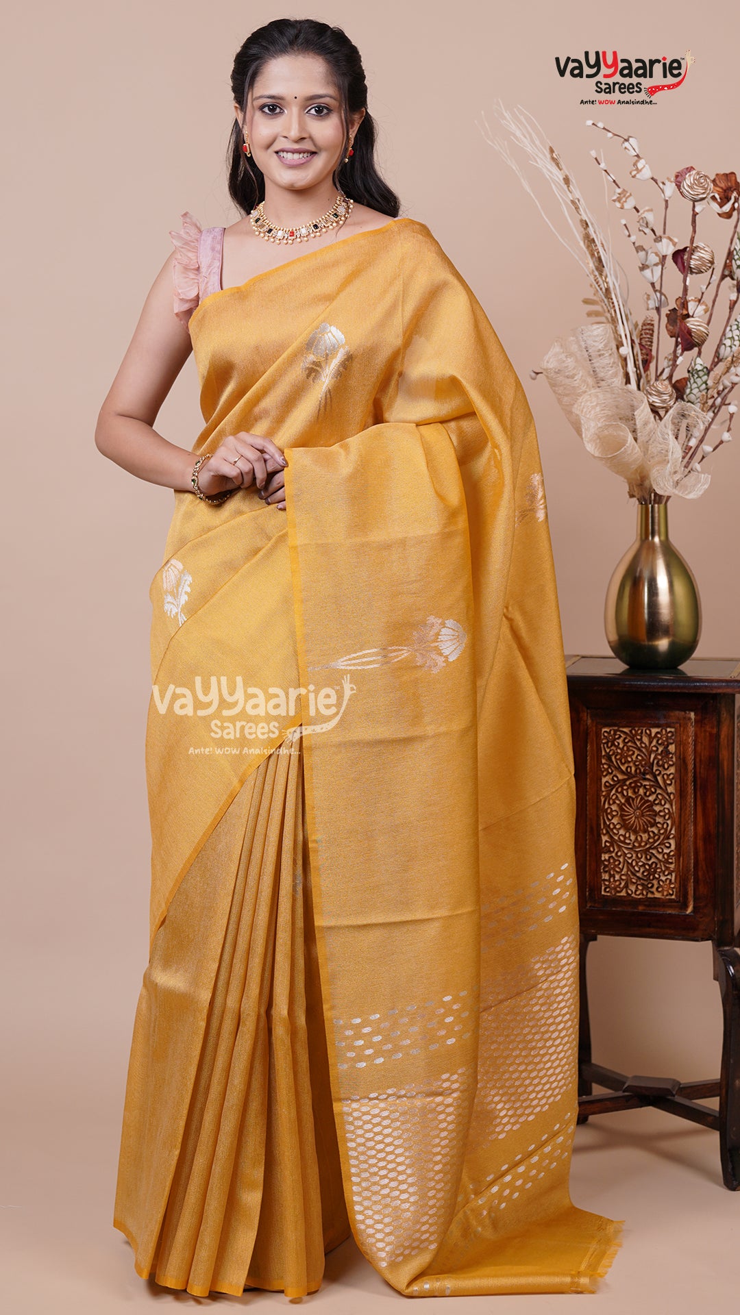 Tissue Saree in Gold for Evening Wear