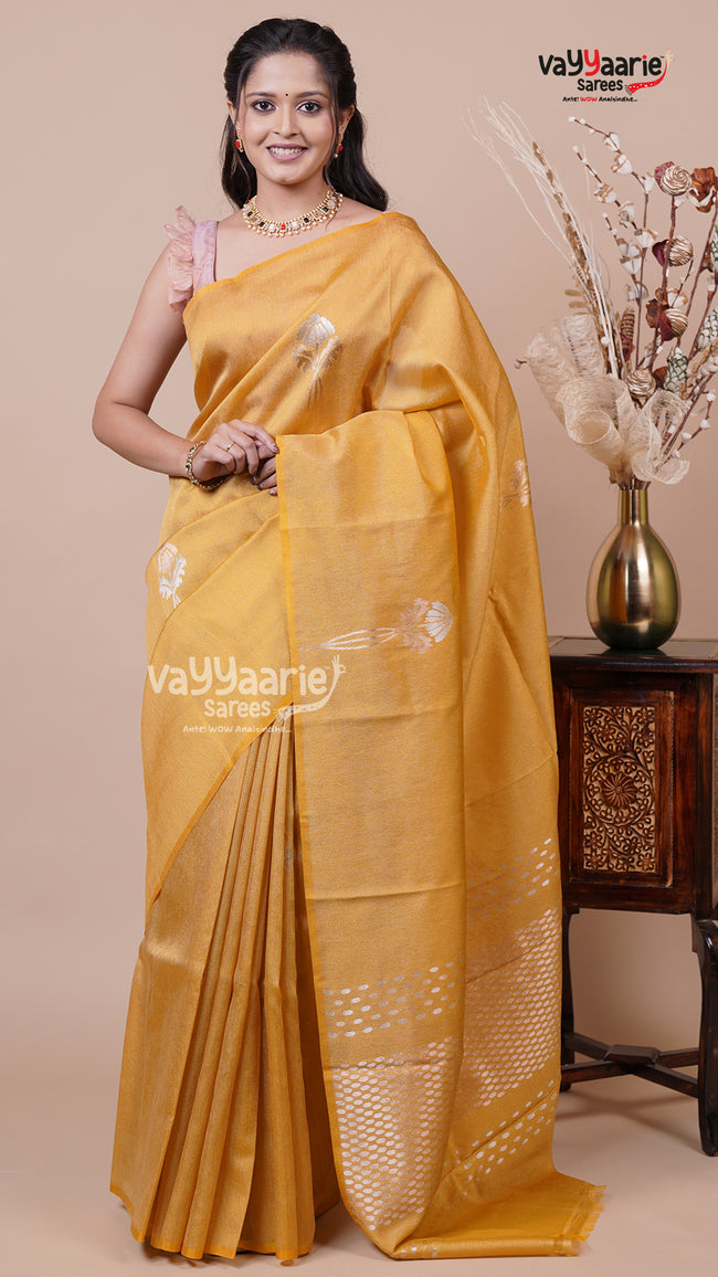 Tissue Saree in Gold for Evening Wear Hover Image