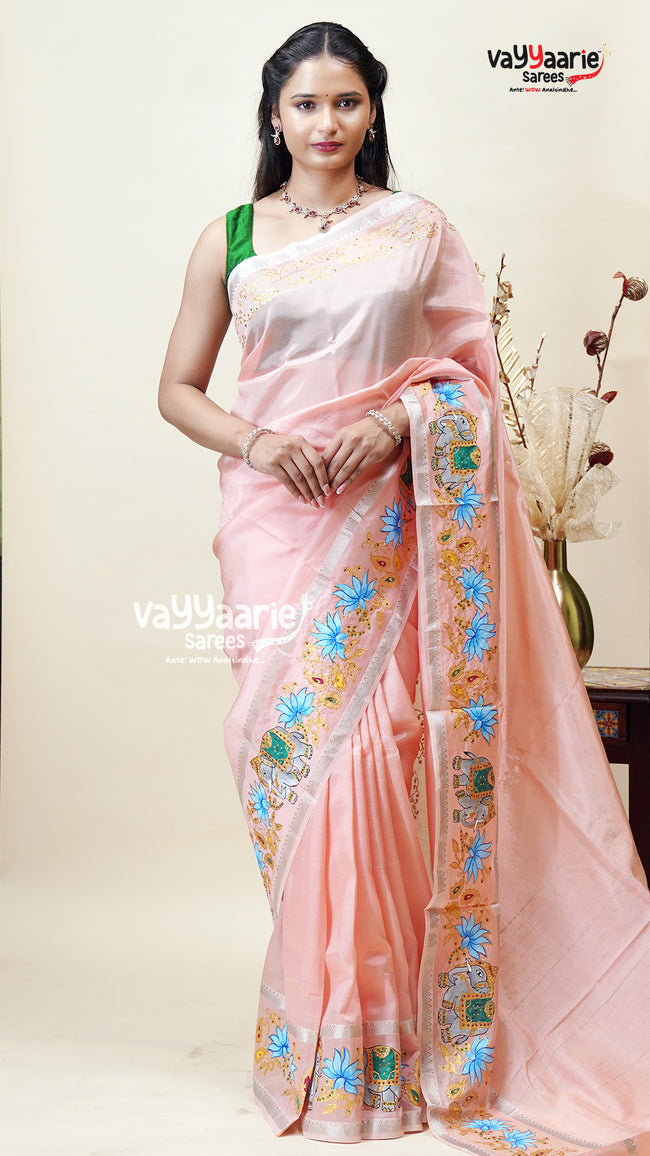 Peach Mangalagiri Fancy Saree for Women Hover Image