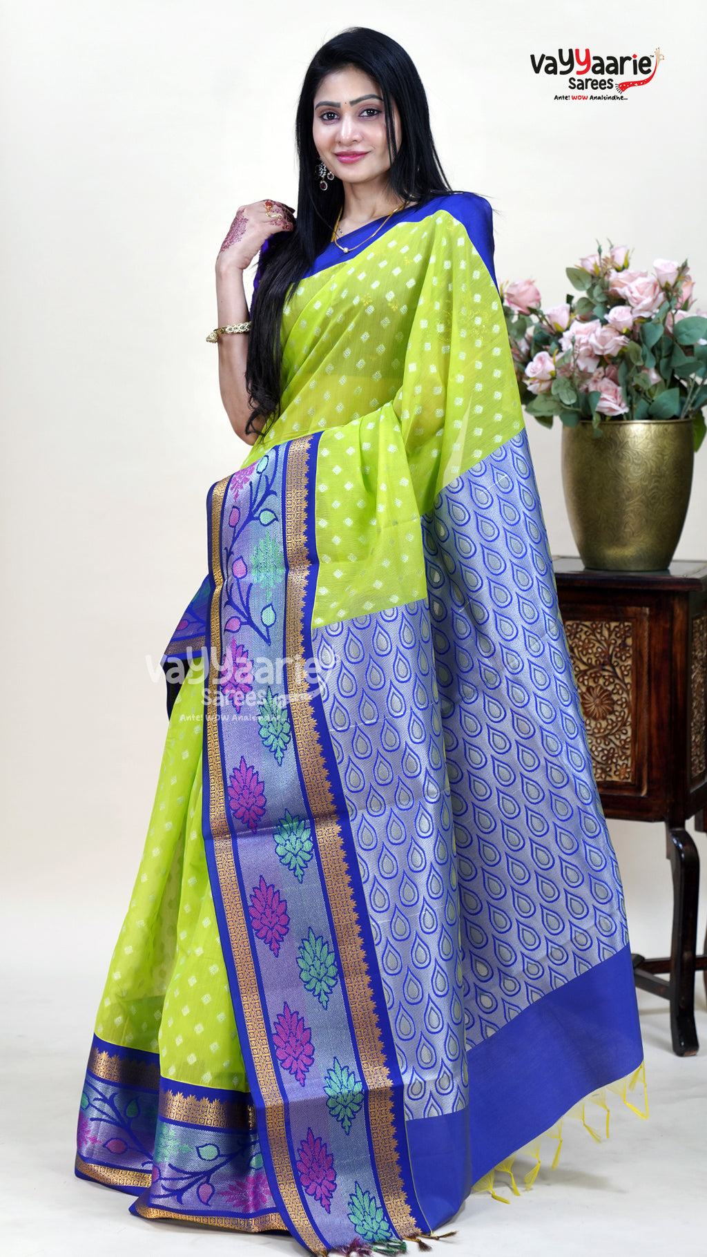 Parrot Green Kuppadam Saree for Festive Wear