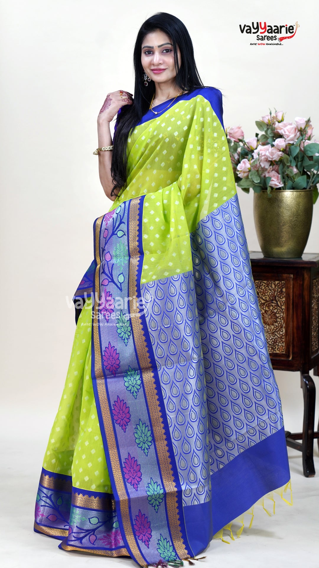 Parrot Green Kuppadam Saree for Festive Wear
