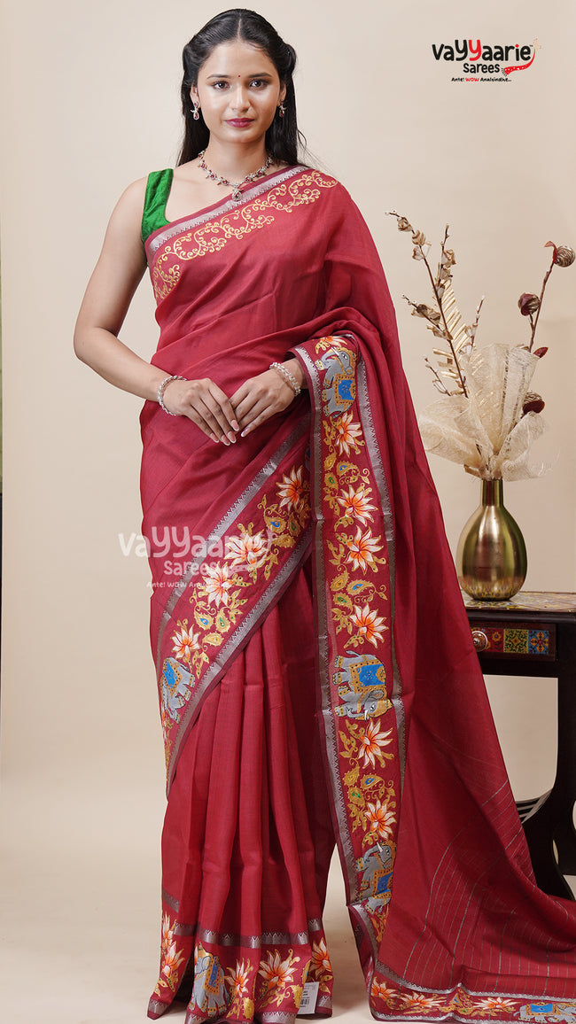 Red Mangalagiri Fancy Saree for Gifting Hover Image