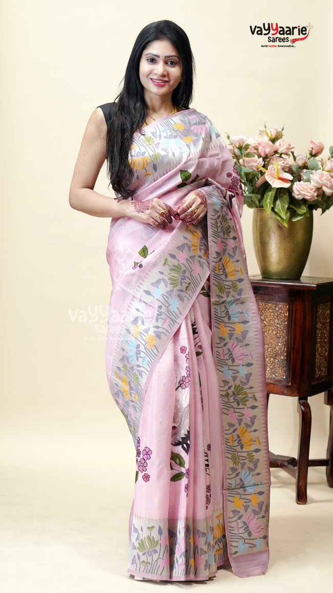 Pink Tusser Saree for Festive Day Functions Hover Image