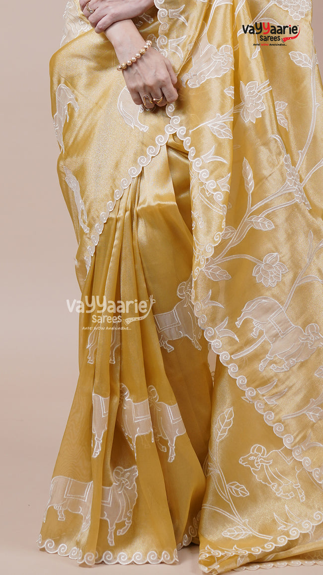 Tissue Saree in Gold for Evening Wear Main Image