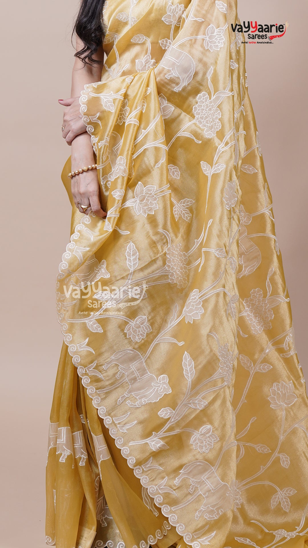 Tissue Saree in Gold for Evening Wear
