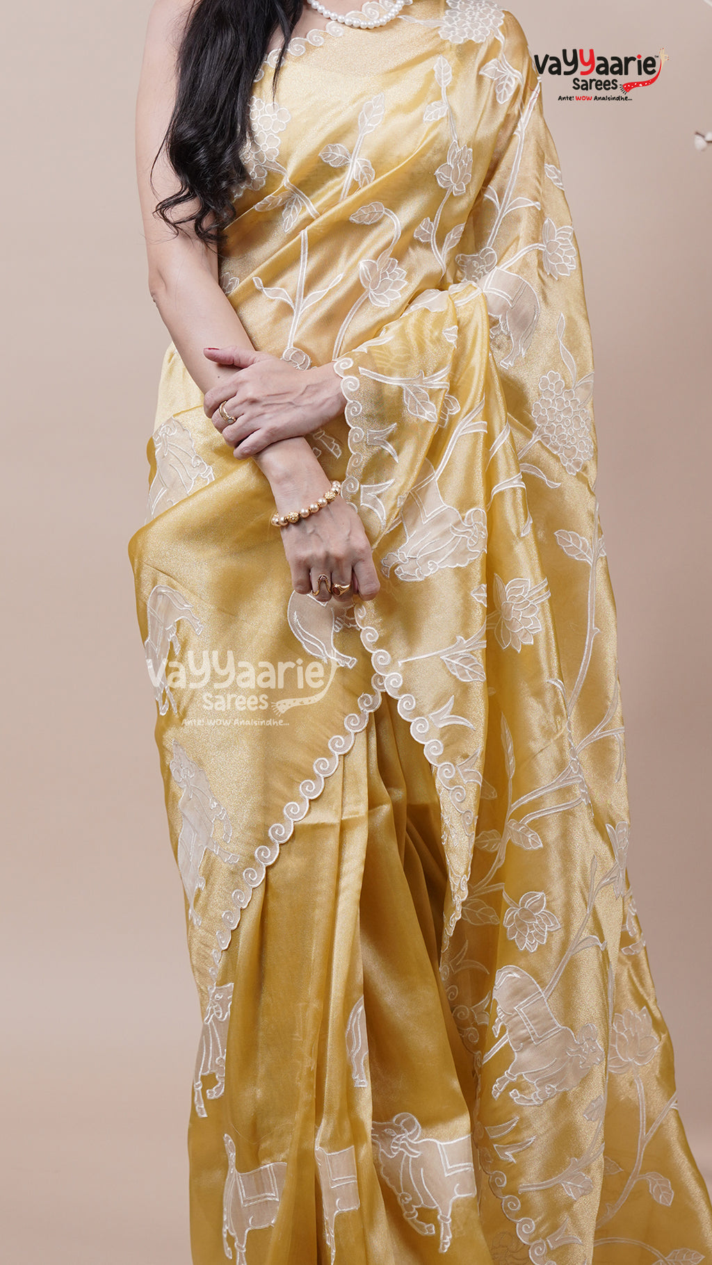 Tissue Saree in Gold for Evening Wear