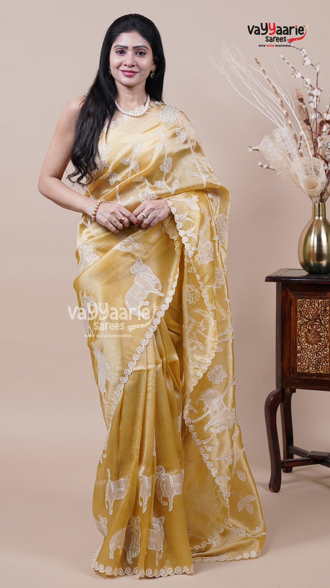 Tissue Saree in Gold for Evening Wear