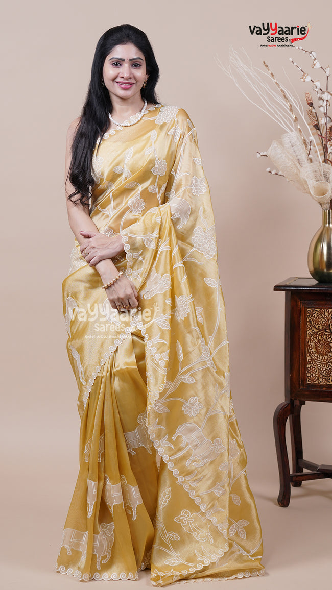 Tissue Saree in Gold for Evening Wear Hover Image