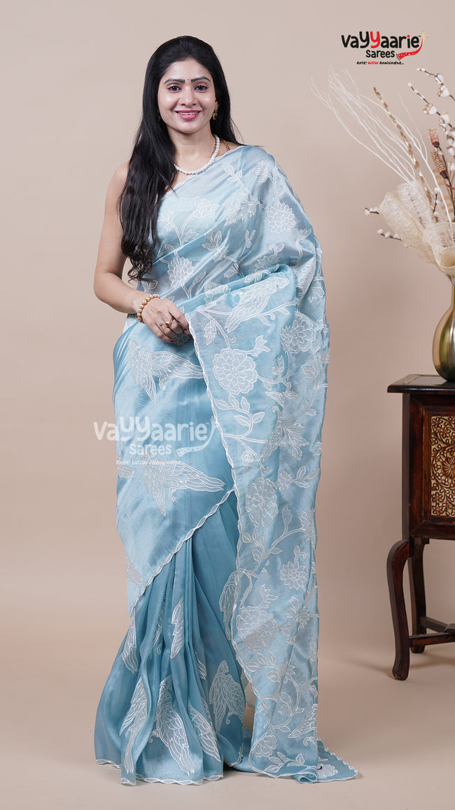 Tissue Saree in Light Blue for Celebrations Hover Image
