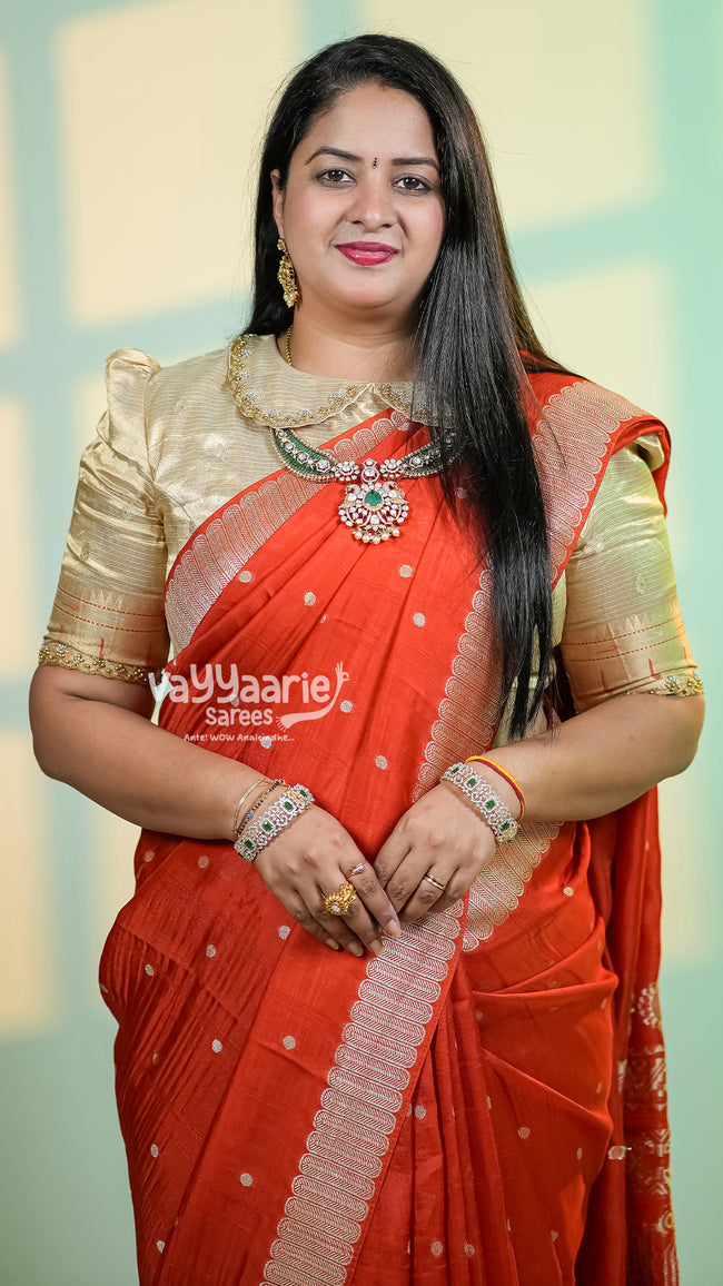 Traditional Orange Saree with Gold Zari Border Hover Image
